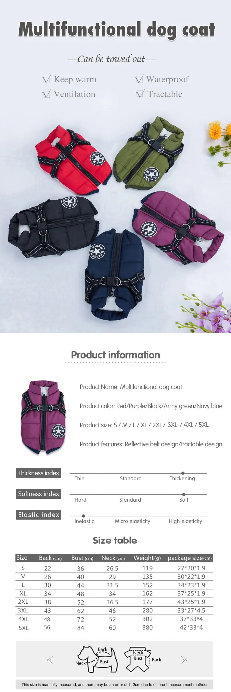 Large Dog Winter Jacket with Harness